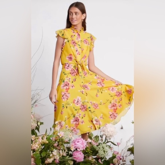 Julia Jordan midi yellow floral dress with ruffle collar - Picture 2 of 9